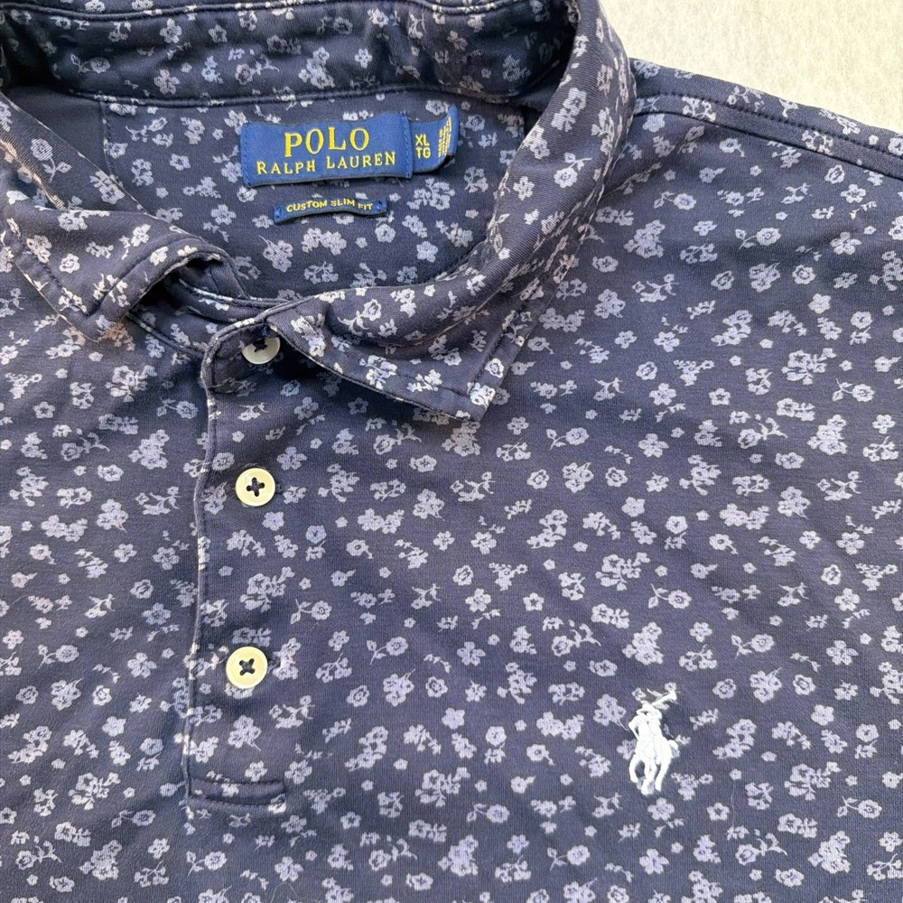 Polo Ralph Lauren Polo Shirt Mens XL Navy Floral Print Custom Slim Fit Golf